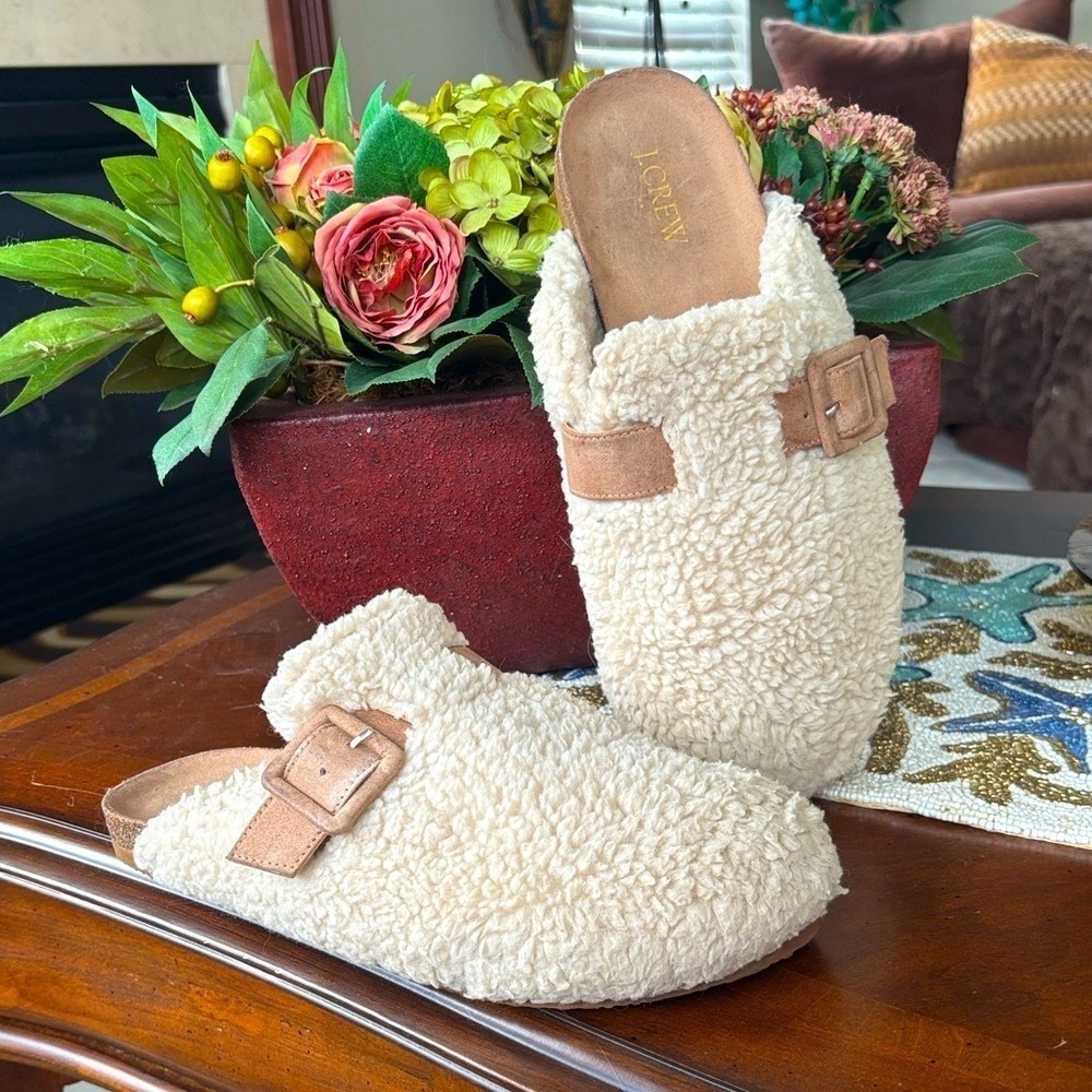 J.Crew Cream Sherpa Tan Buckle Slip On Clogs Slippers Cozy Flats Neutral
